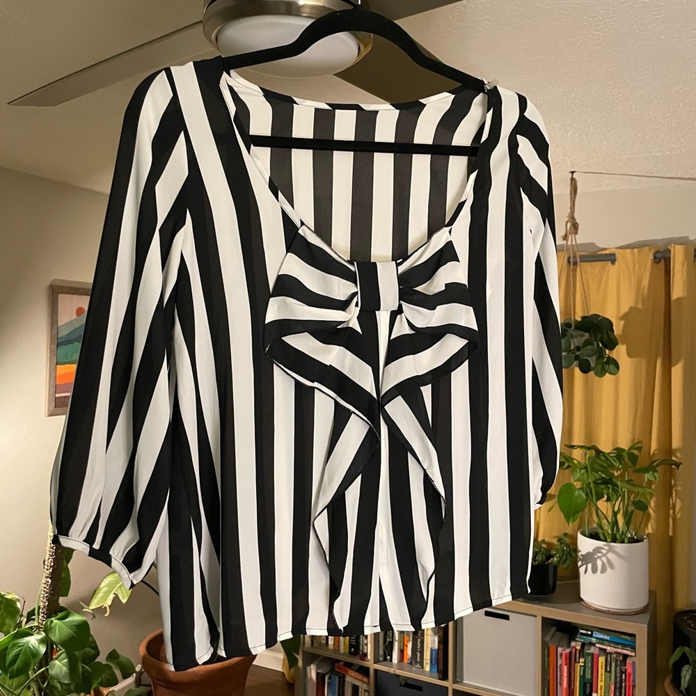 Sheer stripe bow detail low back blouse